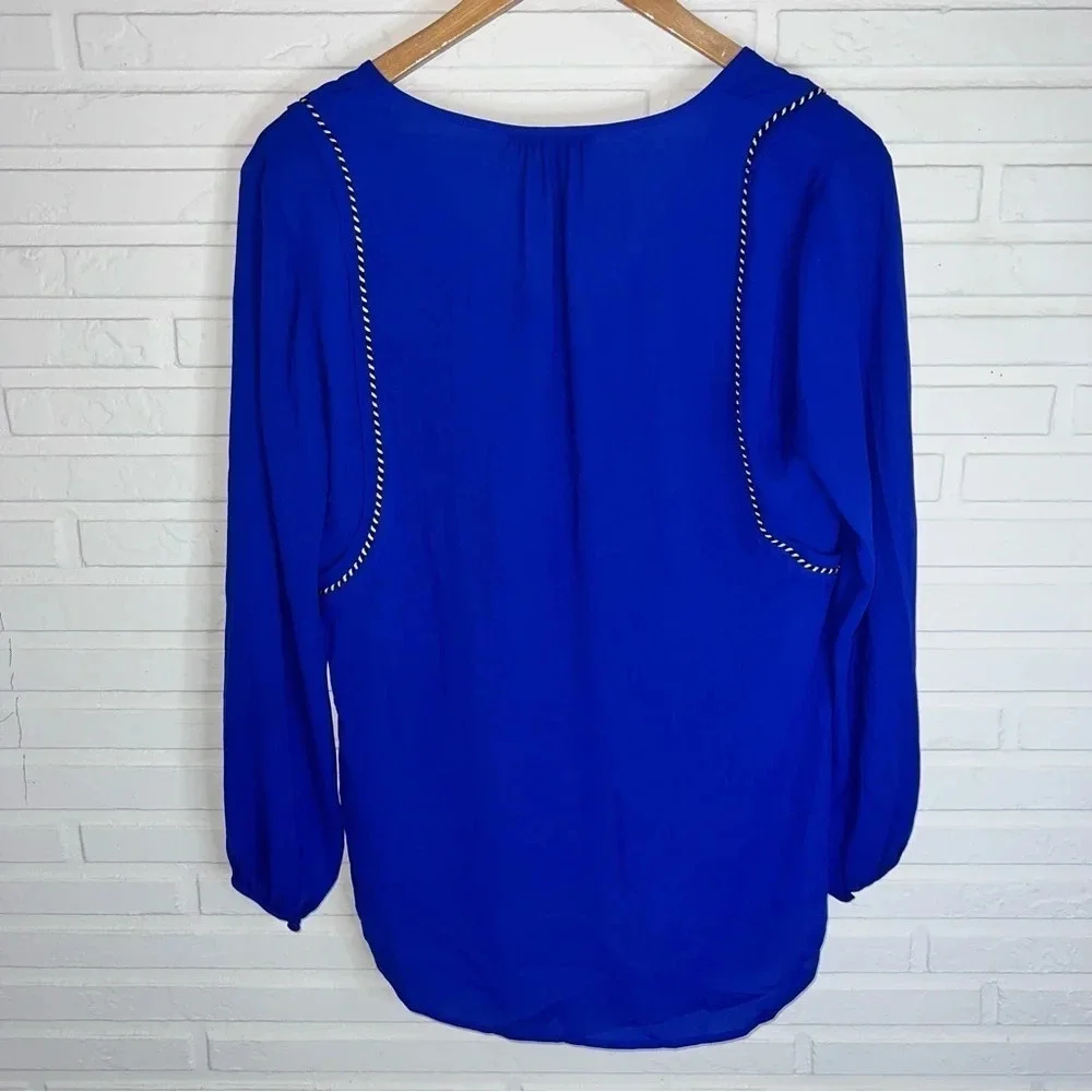 J. Crew Blue Tassel Trim V-Neck Long Sleeve Blouse, Women’s Size 0